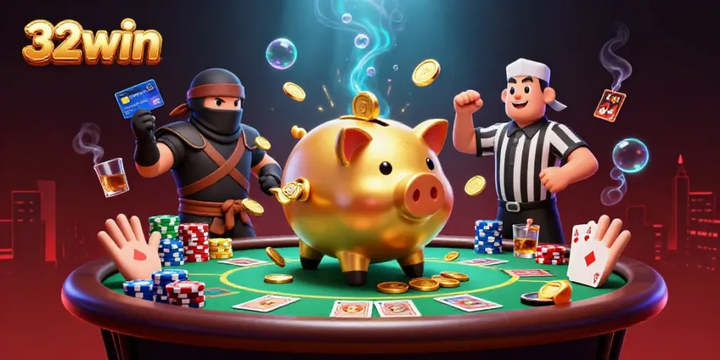 32win-themed casino scene with piggy bank sumo wrestler, wallet ninja, and credit-card referee