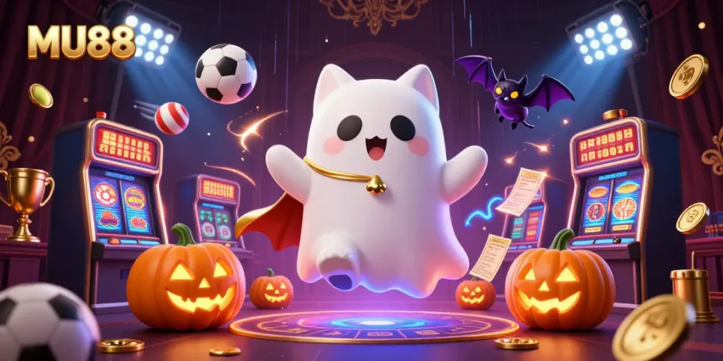 Experience the thrill of MU88 with a friendly ghost cat and vibrant casino features.