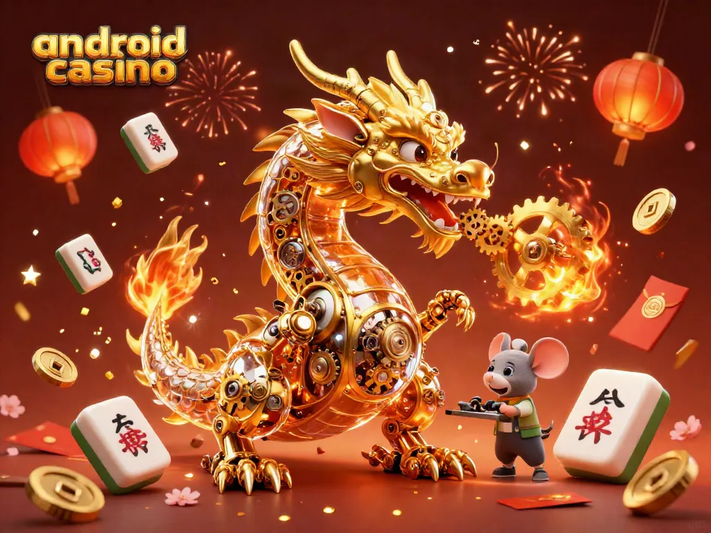 Engage with the vibrant android casino scene featuring a majestic dragon and cascading golden elements.