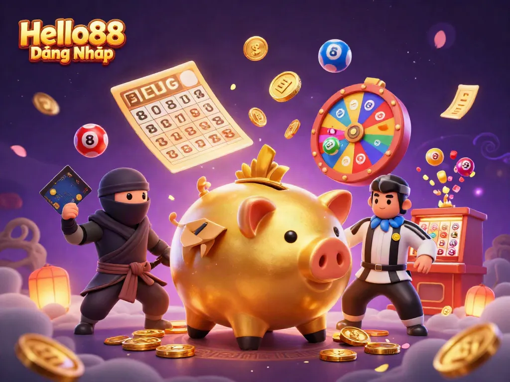 Join in the action with Hello88 Đăng Nhập featuring animated characters engaging in lottery-themed activities.