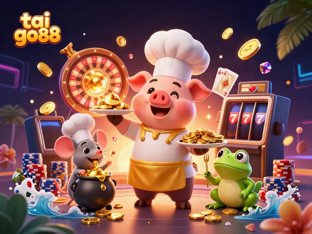 Experience excitement at tai go88 with iconic casino characters enjoying gold coins and dynamic gaming elements.