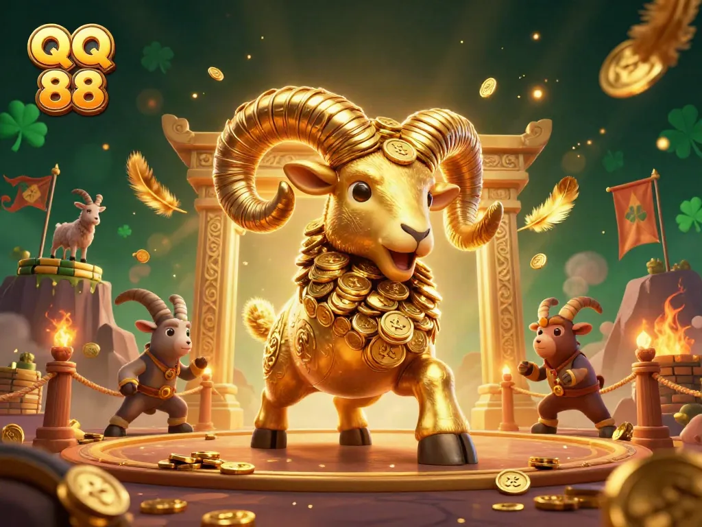 Experience the thrill of QQ 88 with a golden ram charging through a vibrant casino scene filled with action.