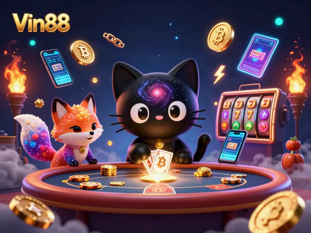 Experience Vin88 with a cartoon black hole cat pulling in casino chips at a vibrant cosmic table.