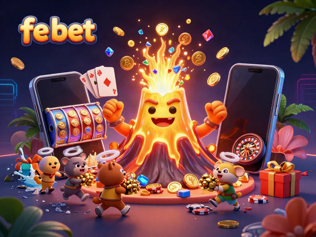 Experience the thrill of fe bet as a golden volcano erupts treasure while explorers escape with winnings.