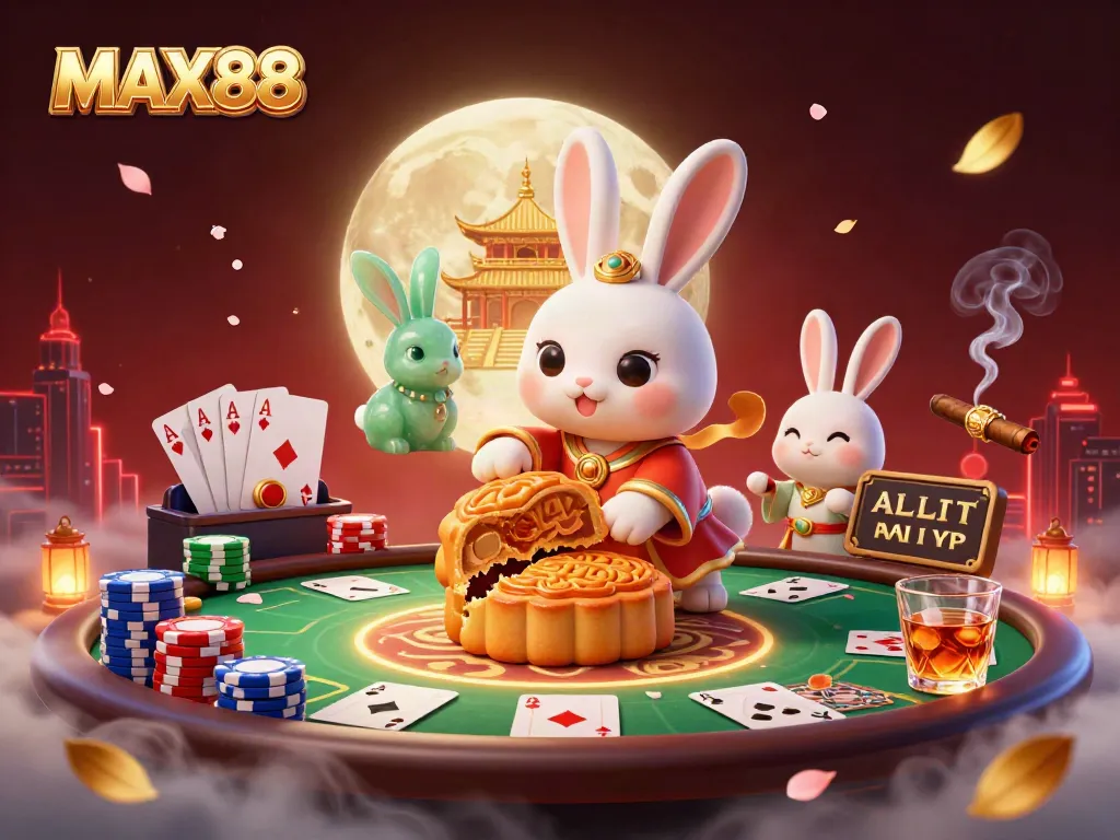 Engaging illustration of MAX88 showcasing a moon rabbit with poker chips under a glowing moonlight, symbolizing online gambling.