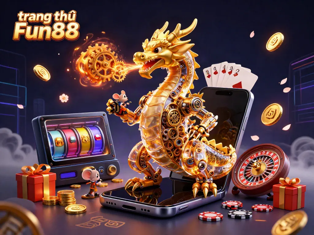 Experience the excitement at trang chủ Fun88 with our dynamic 3D casino illustration featuring a golden dragon, vibrant slot games, and festive elements.
