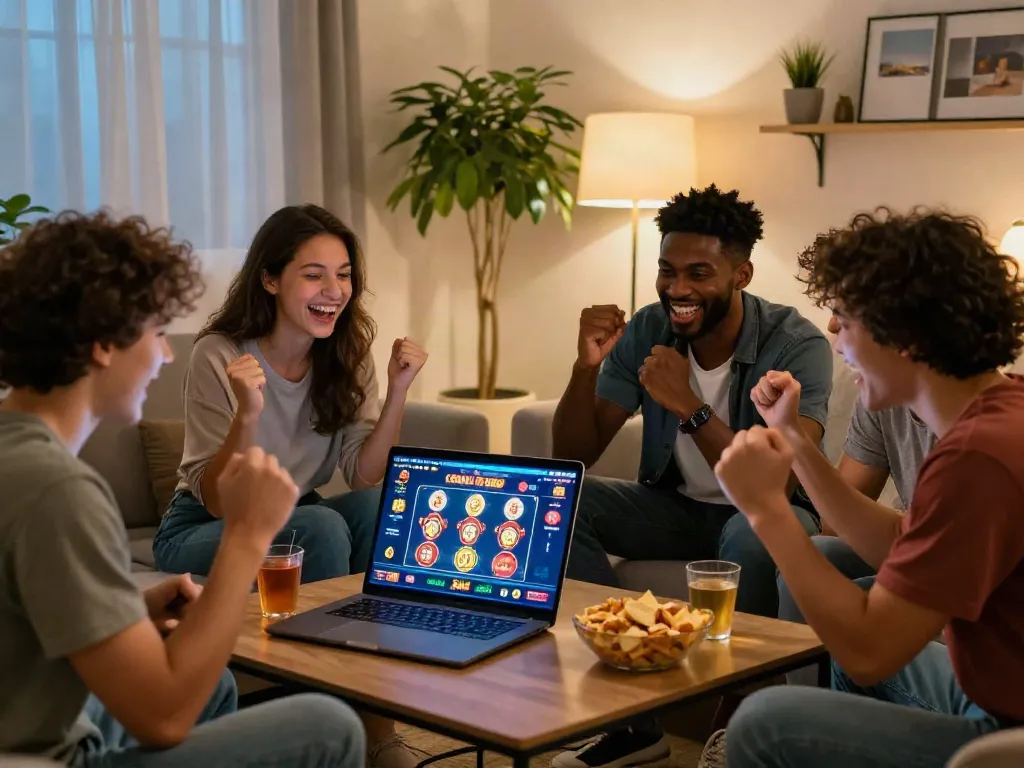 Group of friends enjoying credit card casinos experience in cozy living room, celebrating a big win while gaming online.