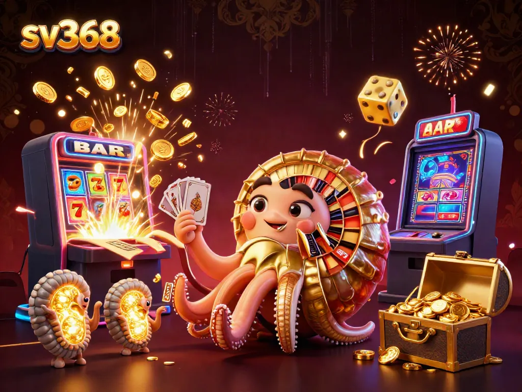 Spin to win with sv368 at a vibrant casino scene featuring a giant nautilus roulette wheel and golden treasures.