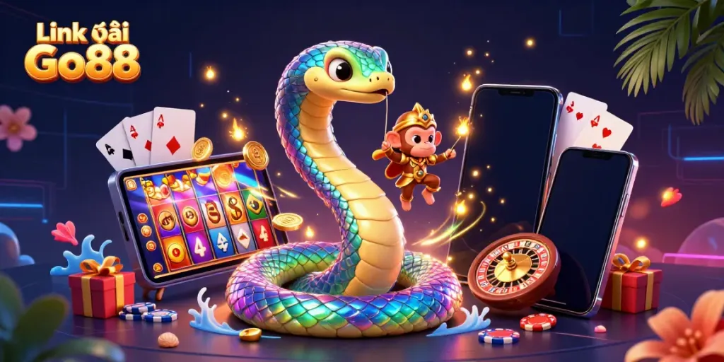 Engage with Link vào Go88, showcasing vibrant casino elements with a playful monkey king and a colorful rainbow serpent.