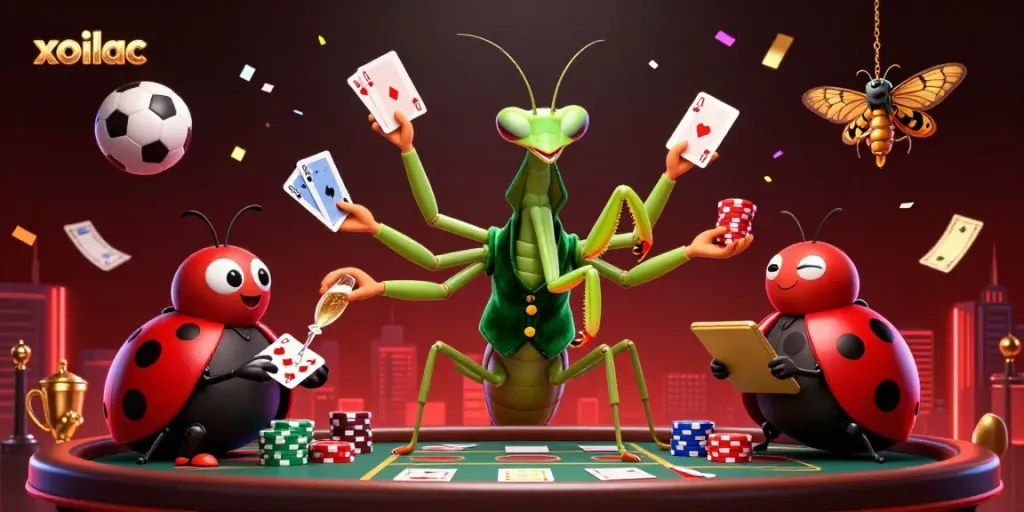 Xoilac sports betting scene with a praying mantis card sharp and ladybug pit boss managing thrilling game dynamics.