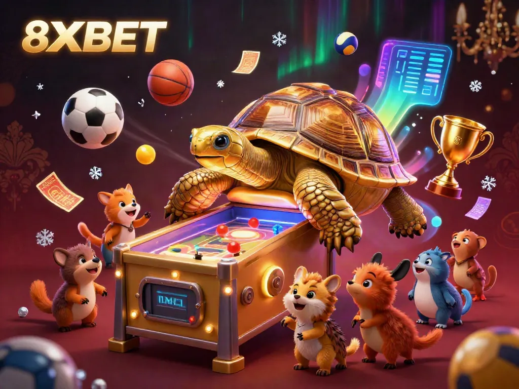 Experience the thrill of 8XBET with a dynamic 3D casino scene featuring a colossal golden tortoise, sports elements, and excitement.