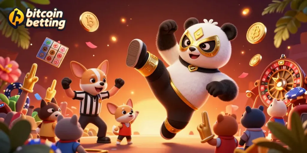 Engage in bitcoin betting with a lively 3D scene featuring animated characters and casino elements.
