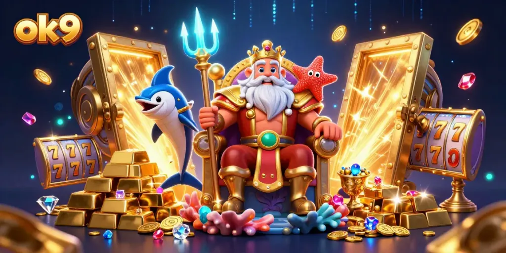 Engage in ok9 gaming action with Neptune and treasure in this vibrant casino illustration.