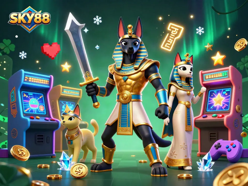 Engage in thrilling gameplay with SKY88, featuring Anubis and Bastet amidst action-packed casino elements.