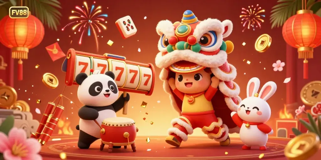 Experience the energetic FV88 online casino with vibrant characters and festive elements in a 3D scene.