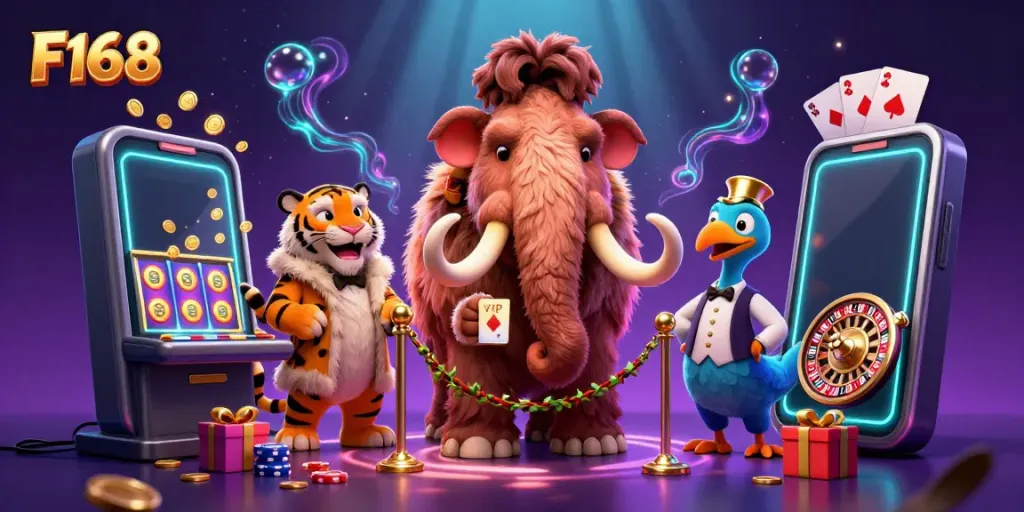 Experience F168 with a lively scene featuring a woolly mammoth bouncer checking IDs at a casino entrance.