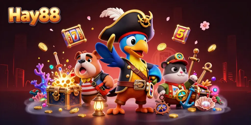 Experience the excitement of Hay88 with a pirate captain, bulldog first mate, and cat navigator amid dazzling casino treasures.