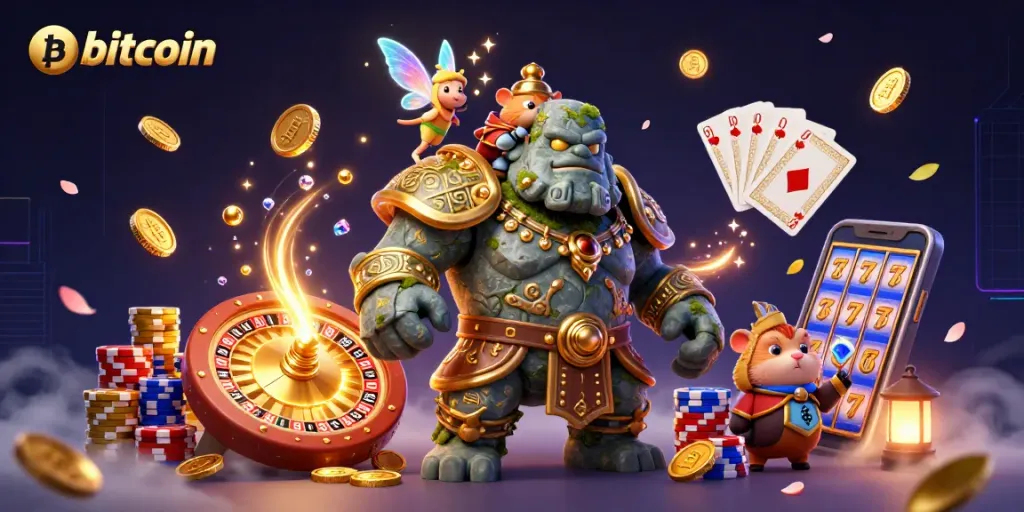 Engage in exciting bitcoin casinos with stunning 3D illustration featuring mystical characters and casino elements.