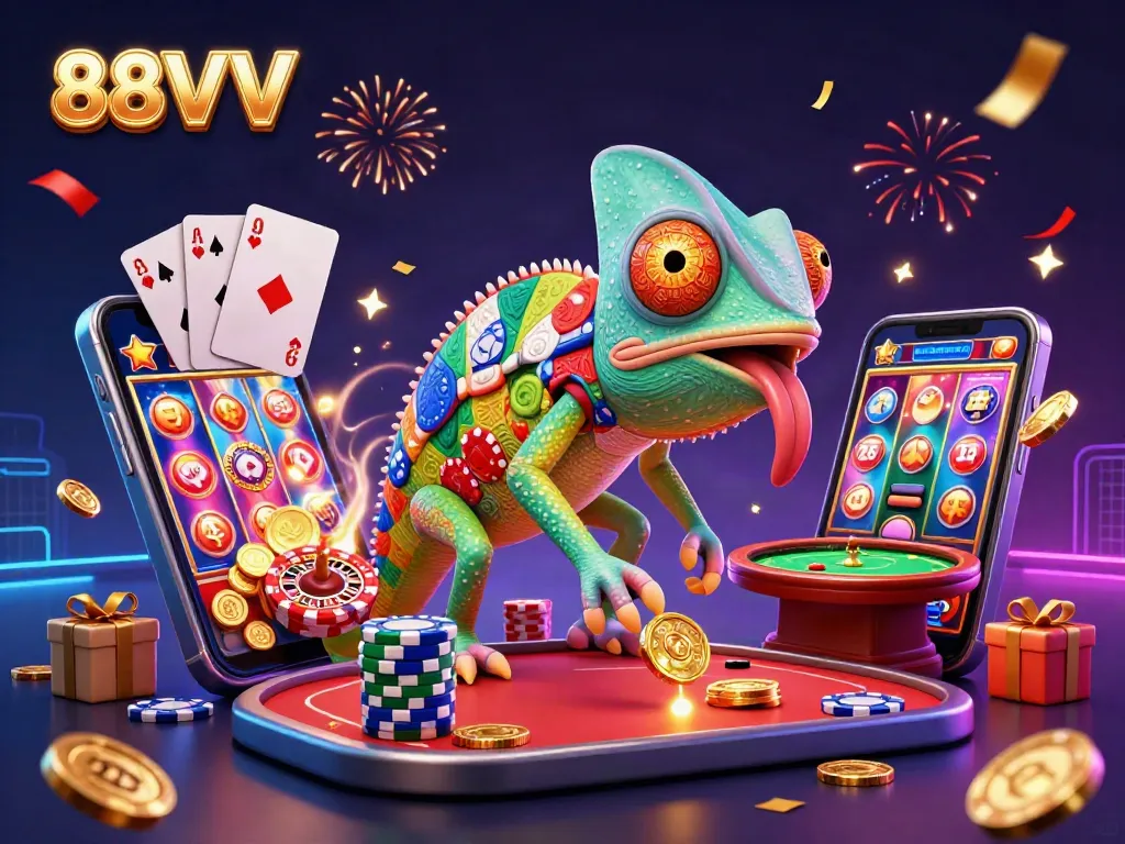 88VV offers dynamic casino gaming excitement with a colorful chameleon owner and thrilling elements.