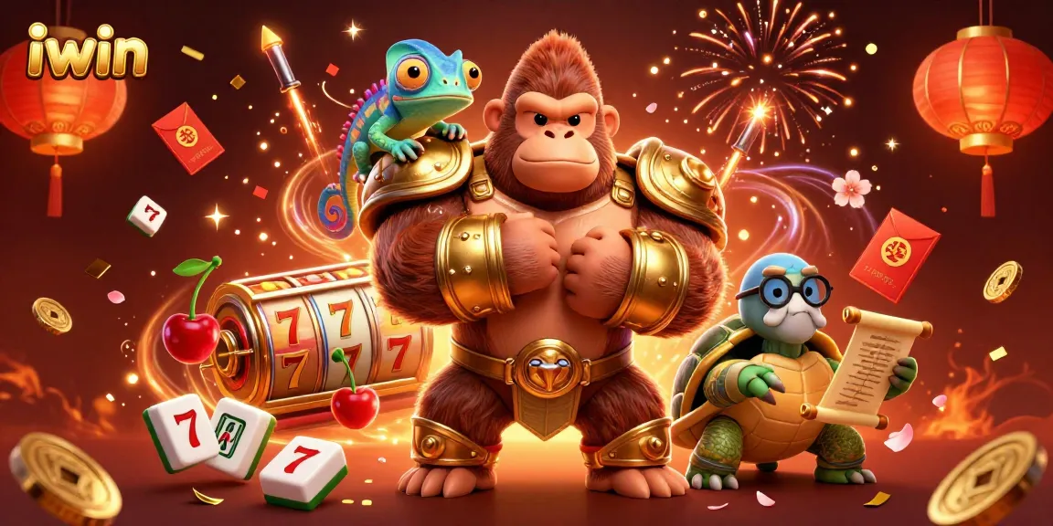 Engage with iwin through an exciting 3D casino illustration portraying a gorilla king and colorful gaming elements.