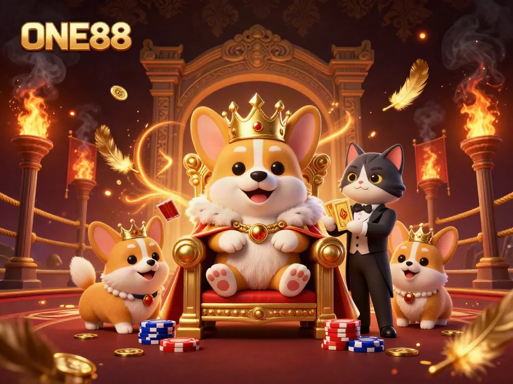 Engage in thrilling gaming at ONE88 with a royal corgi on a poker chip throne amidst vibrant casino elements.
