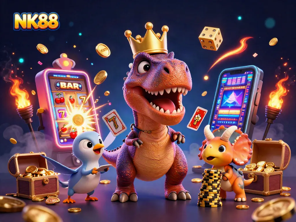 Navigating the excitement of NK88 gaming, with vibrant dinosaur characters and a thrilling jackpot scene.