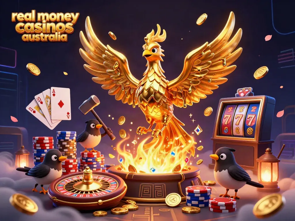 Experience the thrill of real money casinos Australia with a golden phoenix emerging from molten gold.
