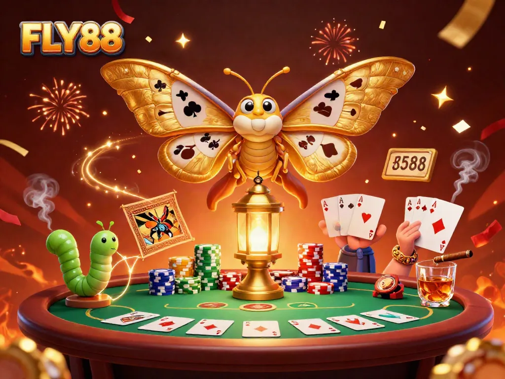 Experience the thrilling world of FLY88 with a vibrant 3D scene of casino elements