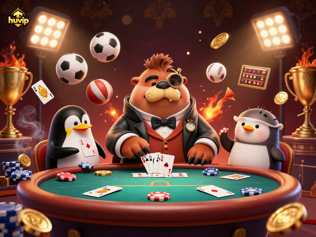 Experience heightened poker excitement at huvip with a walrus, penguin dealer, and bluffing pufferfish.