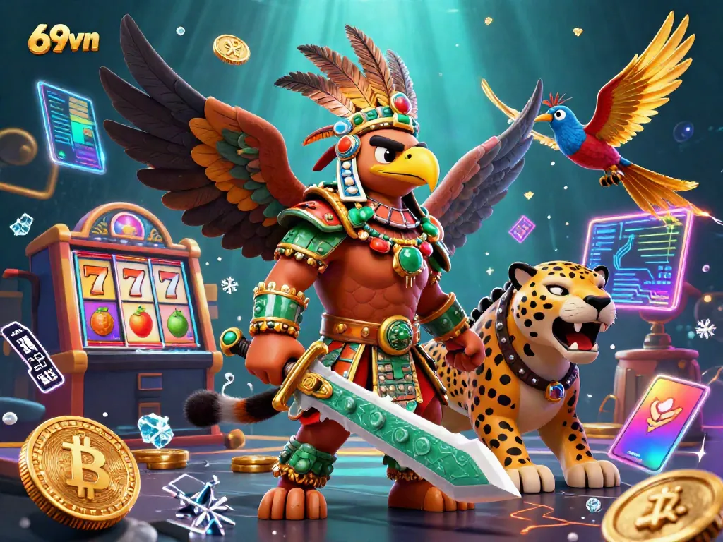 Engage in thrilling casino gameplay with 69vn's vibrant 3D representation featuring Aztec characters among slot elements.