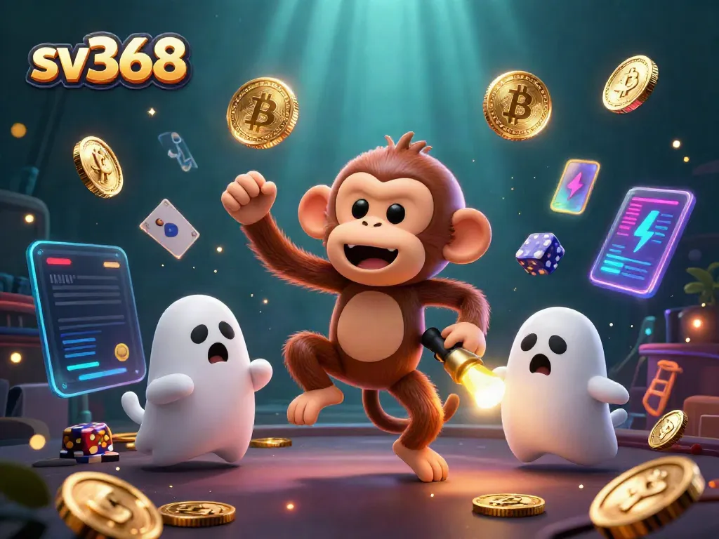 Experience sv368's thrilling casino atmosphere with a ghostly monkey juggling gold and crypto assets.